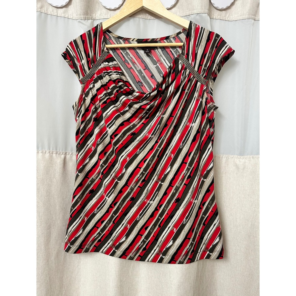 Dana Buchman Womens Red Black Abstract Stripe Cowl Neck Beaded Blouse Top Size M